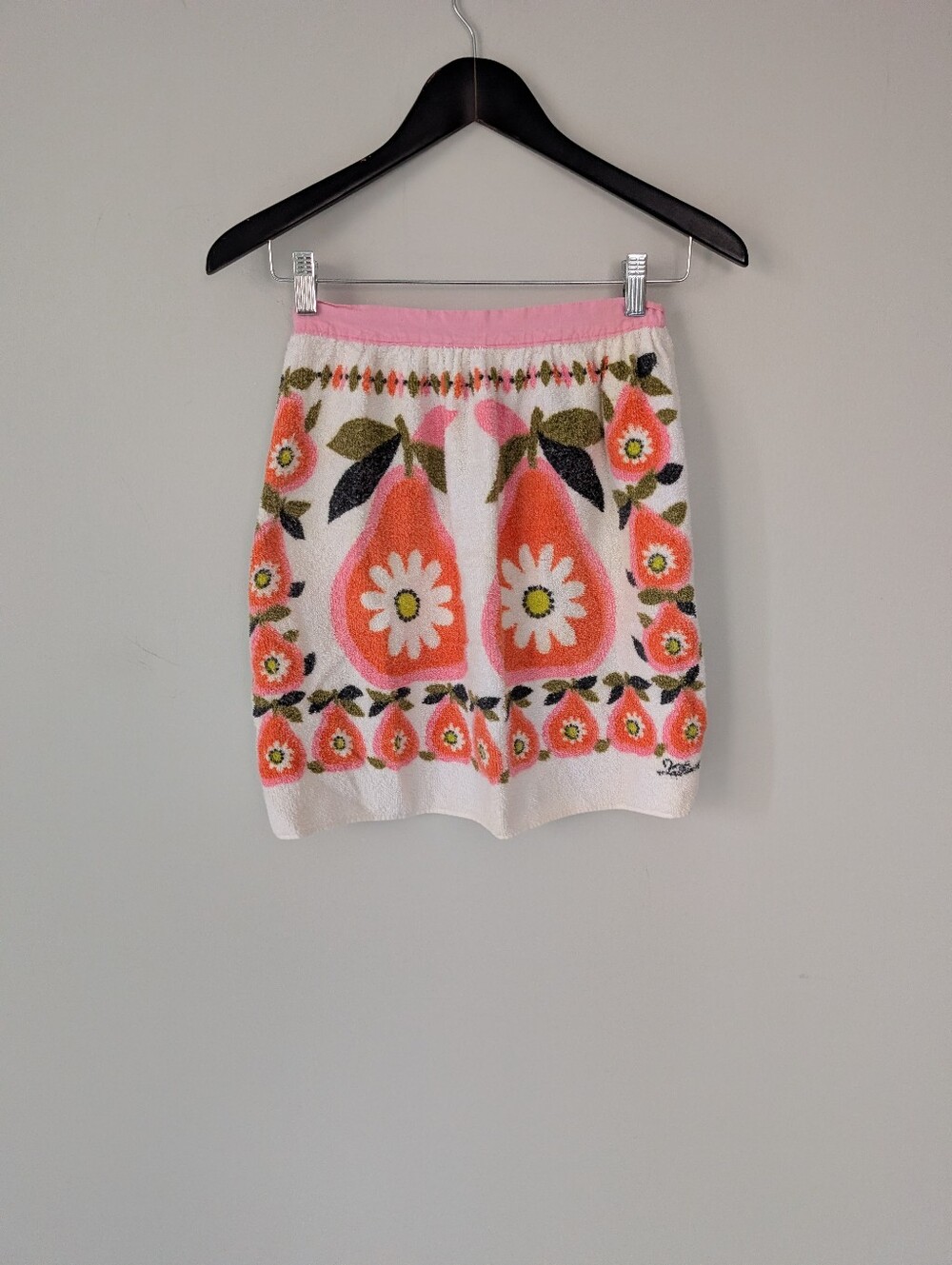 Vintage 70s Terry Cloth Towel Apron Pear Daisy Print Pink Orange Made in Canada